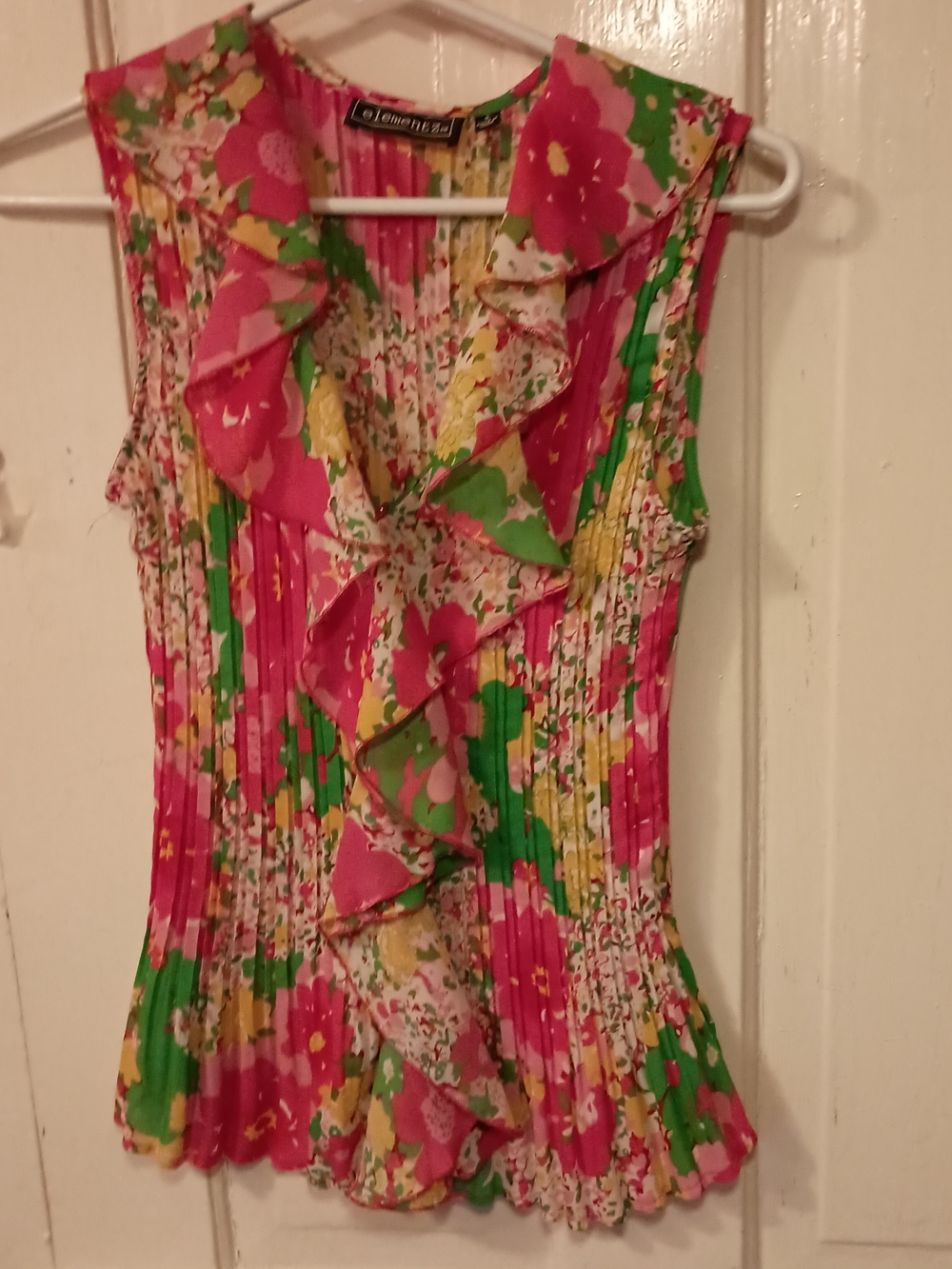 Elementz Floral Ruffle Pleated Sleeveless Top - Pink, Green & Yellow